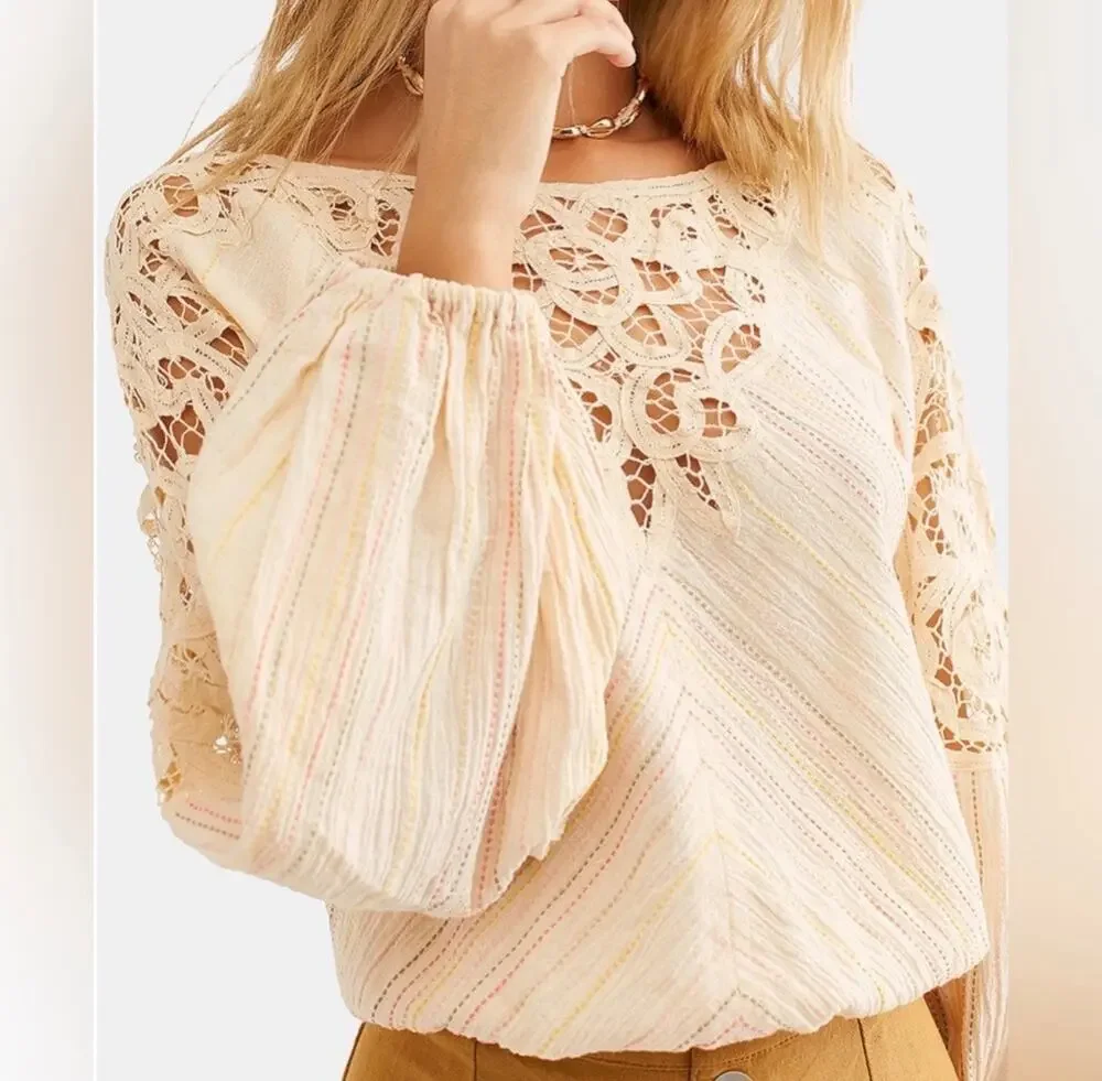 Free People Floating Memorie Crochet Peasant Neutral Cream Striped Blouse-Size L